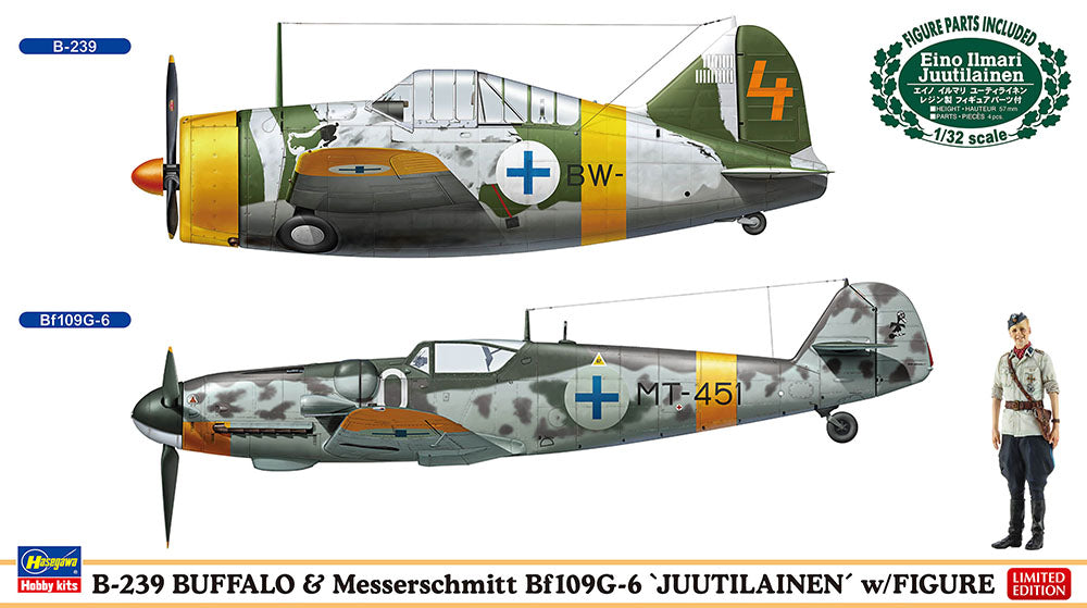 Hasegawa B-239 Buffalo & Messerschmitt Bf109G-6 "Juutilainen" with Figure (1:72)