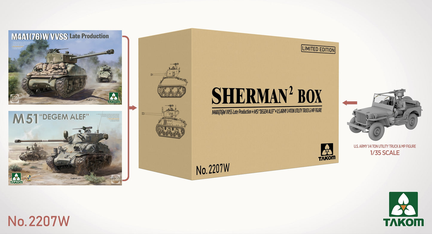 Takom Sherman² Box - M4A1(76)W VVSS Late Production + M51 "Degem Alef" + U.S. Army 1/4 Ton Utility Truck & MP Figure (1:35)