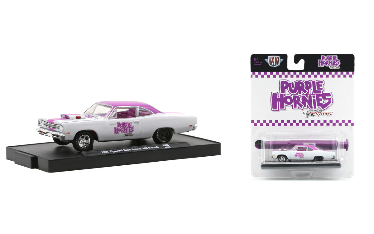 M2 Machines Purple Hornies 1969 Plymouth Road Runner 440 6-Pack (1:64)