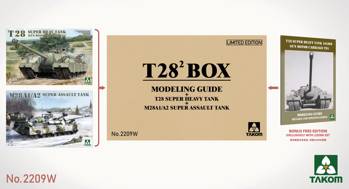 Takom T28² Box Modeling Guide + T28 Super Heavy Tank + M28A1/A2 Super Assault Tank (1:35)