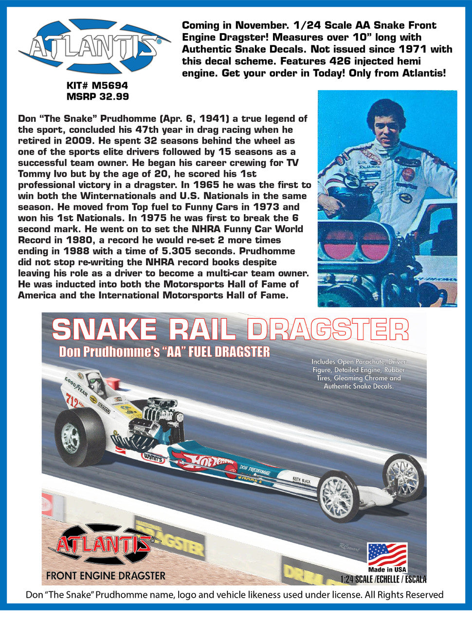 Atlantis Don Prudhomme's "AA" Fuel Dragster - Snake Rail Front Engine Dragster (1:24)